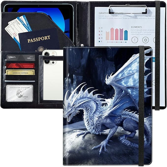 PU Leather Padfolio Folder Clipboard Portfolios Organizer Conference Document Organizer with Business Card Holder Storage Clipboard Writing Pad,Blue Dragon