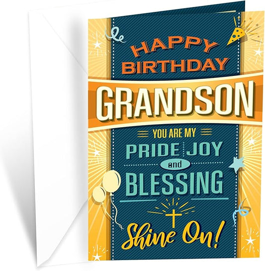 Prime Greetings Religious Birthday Card For Grandson, Made in America, Eco-Friendly, Thick Card Stock with Premium Envelope 5in x 7.75in, Packaged in Protective Mailer