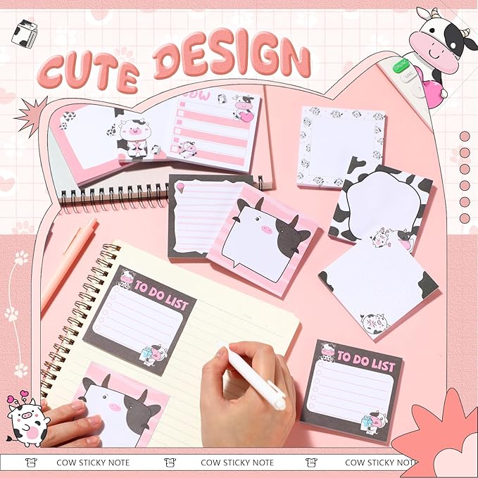 9 Pads Cute Sticky Notes Cartoon Animal Self Stick Notepads 3x3 Inches Notes Adhesive Memo Pad Office Decor Gifts for Students School Office Meeting(Cow)
