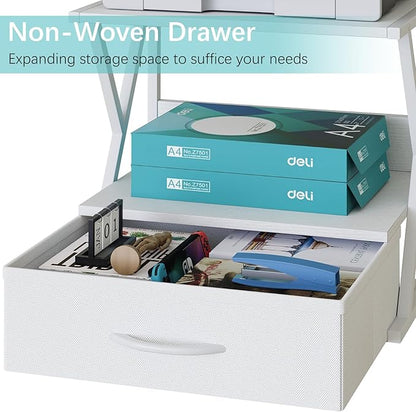 aboxoo Printer Stand for Desk with Storage Drawer, 2 Tier Desktop Or Under Desk Shelf, Multi-Purpose Desk Organizer for Home Office, fit Fax Machine/3D Printer/Scanner, White