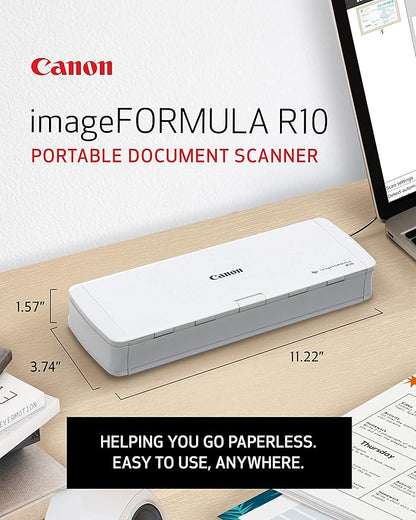 Canon imageFORMULA R10 Portable Document Scanner, 2-Sided Scanning with 20 Page Feeder, Easy Setup for Home or Office, Includes Software, (4861C001)