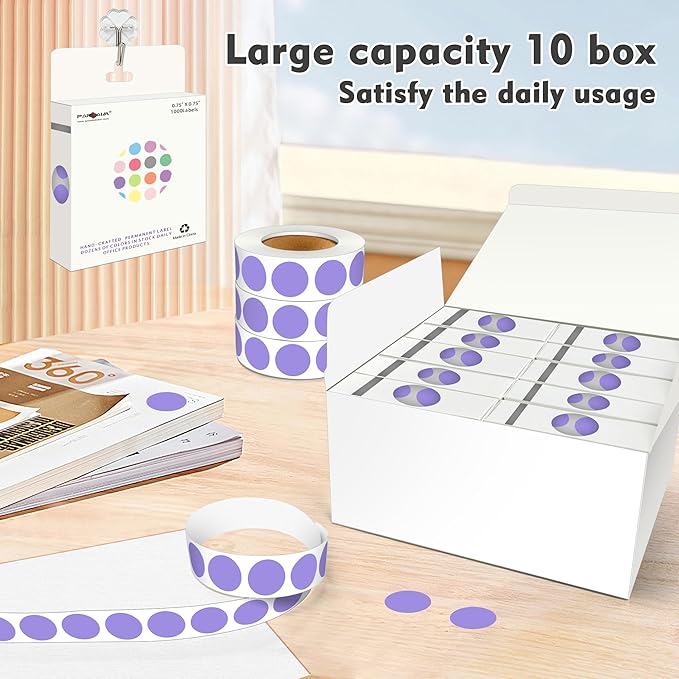 PARLAIM 3/4 Inch Roll Color Coding Labels,10000 per 10 Rolls Round Permanent Adhesive Color Coding Circle Dot Stickers for Office Home (Lavender)