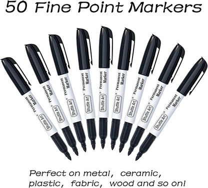 Shuttle Art Permanent Markers, 50 Pack Black Permanent Marker set,Fine Point, Works on Plastic,Wood,Stone,Metal and Glass for Doodling, Marking