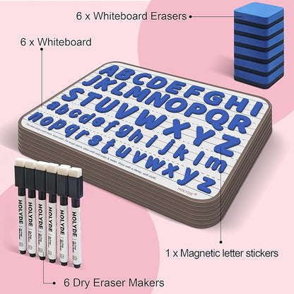 Dry Erase Boards 6 Pack, Double Sided Magnetic Small Whiteboards with Lines for Kids, Students, Teacher & Classroom Pack, Including 52 Pcs Alphabet Letters for Preschool Spelling