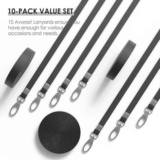 10 Pack Lanyards for ID Badges, Cruise Ship Cards, Keys, Keychain, Long-lasting Neck lanyard Strap with Clasp, Cruise Badge Key Lanyards for Men, Women, Teachers, Kids (Black)