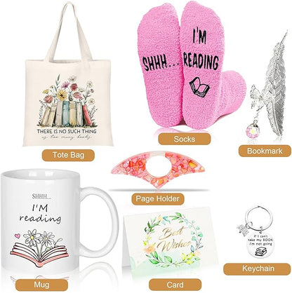 Bookish Book Lovers Gifts Readers - 7pcs Reading Accessories w/Bookmark, Cozy Socks, Cute Tote Bag, Coffee Mug, Hanging Decor and Cards, Booklovers Gift Idea for Women Bookworm Teacher Librarian