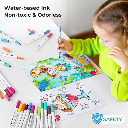 Ohuhu Markers for Adult Coloring Books No Bleeding 100 Colors Water-based Dual Tips Fineliner & Brush Coloring Markers for Kids Adults Beginners Drawing Pens for Journaling Lettering - Maui - White