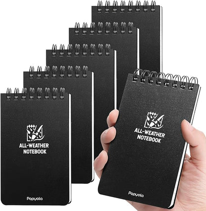 POPYOLA 6 Pack Waterproof Pocket Notebook, 3x5 Pocket Notepad, All Weather Mini Spiral Notepad, Write in the Rain Police Notepad with 100 Squared Pages for Outdoor Home Office School, Black