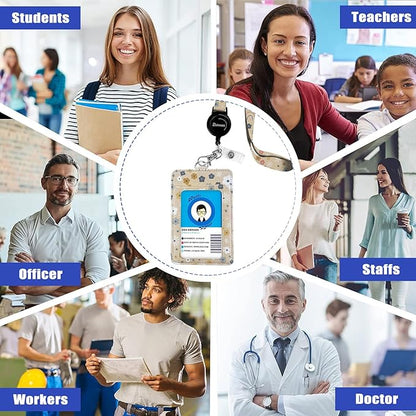 bolimoss Flowers Rainbows Badge Holder with Adjustable Retractable Lanyard, Cute Leather ID Name Badge Card Holder with Quick Release Buckle and Safety Breakaway Lanyards for ID Badges