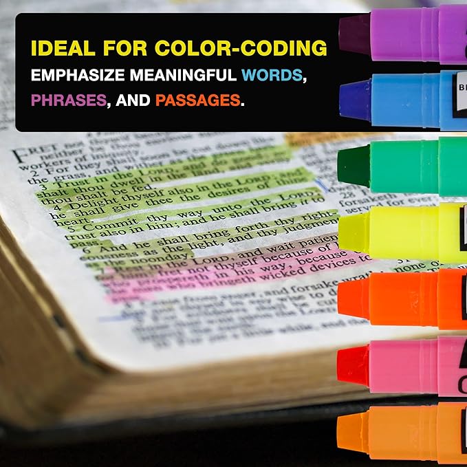 U.S. Office Supply Bible Safe Gel Highlighters, Pack of 12 - Set with 6 Bright Neon Yellow Highlight Colors Plus 6 Colors, Orange, Pink, Purple, Green, Blue - Won't Bleed, Fade or Smear - Study Guide
