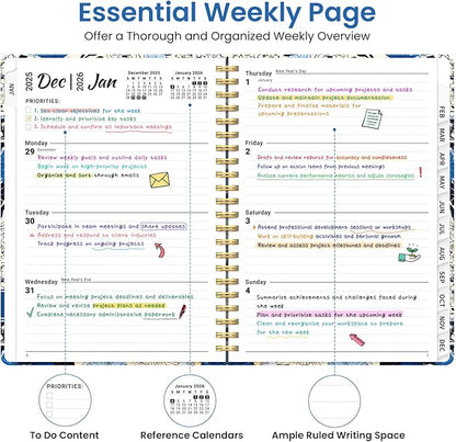 2026 Planner, Weekly and Monthly Planner for Women, January 2026 to December 2026, Pretty Hardcover 2026 Calendar Planner Book with Tabs, Inner Pocket, Spiral Bound, Perfect Office Home School Supplies - 8.5" x 11", Azure Garden