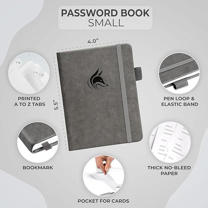 Clever Fox Password Book with Alphabetical tabs. Internet Address Organizer Logbook. Small Pocket Password Keeper for Website Logins (Gray)