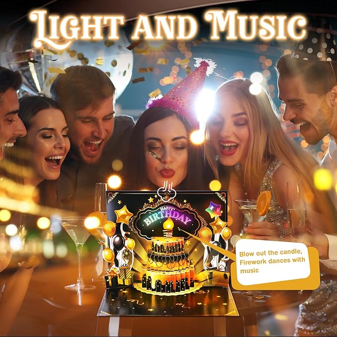 Birthday Gift Card, 3D Pop Up Birthday Card with Light and Music & Interative Candle, Birthday Cards Birthday Gifts for Women Men Kids