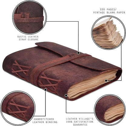 LEATHER VILLAGE Leather Bound Journal - Fuchsia, 8"X6", 220 Pages - Vintage Blank Paper Diary for Writing, Drawing, Sketchbook, and Travel Notebook - Ideal for Women and Men