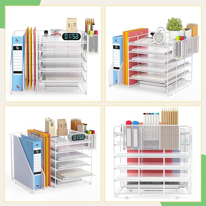 Desk Organizer, 6 Tier File Organizer Paper Tray with File Holder Pen Holder, Mesh Office Desk Accessories & Workspace Organizers (White)