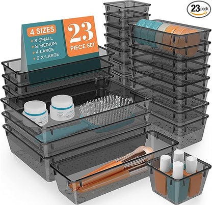 23 PCS Clear Plastic Drawer Organizers Set, 4 Size Desk Drawer Organizer Trays for Makeup, Jewelry, Kitchen Utensils, Gadgets and Office Accessories, Black