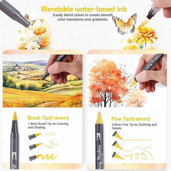 Watercolor Pens Set, 36-Color Dual Tip Paint Markers, Water-Based Coloring Markers with 1 Aquapen, 1 Colorless Blender, 1 Black Marker, and 12-Page Pad, Art Supplies for Artists and Beginners