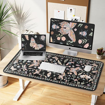 iLeadon Large Mouse Pad and Keyboard Wrist Rest,4in1 Desk Pad Set for Computer Keyboard,Long Floral Mouse Pad XXL+Cup Coaster with Non-Slip Base for Home Office,Black Insect