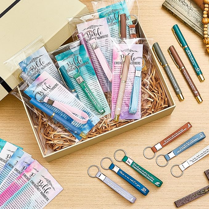 25 Sets Christmas Christian Church Gifts Bulk Bible Verse Plastic Gel Pen Religious Silicone Keychains Scripture Bookmark 2''x 6'' Emergency Numbers Bible Bookmarks Gift Pastor(Colorful)