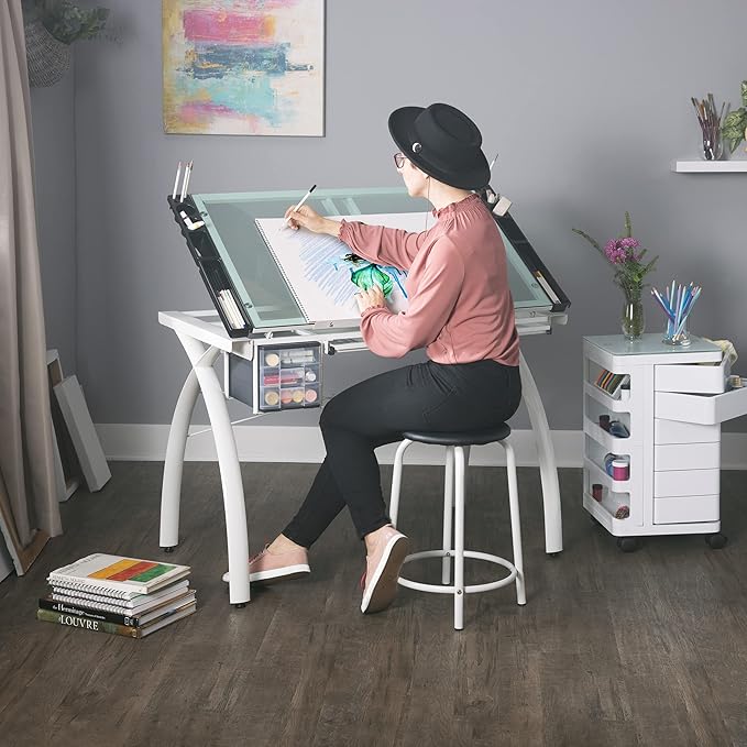 SD STUDIO DESIGNS Futura Craft Station 38" W Drawer and Built-in Pencil Ledge-Tilt Top Drafting Table, Glossy Sage/Clear Glass