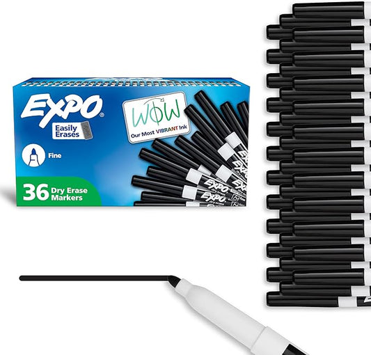 EXPO Fine Tip Dry Erase Markers, Low Odor, Black Ink, 36-Count Set, Ideal for Classroom, Office, and Home Use