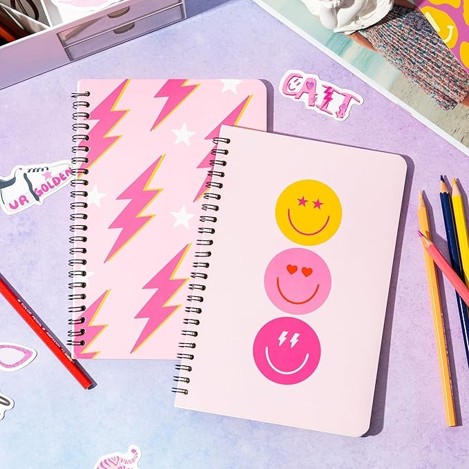 L1rabe 2 A5 Preppy Spiral Notebooks for Teens Girls Spring Back to School Y2K Hardbound Journal for College Student Happy Smile Hardcover Notebooks, Easter Gifts Pink Notepad Diary for School Supplies