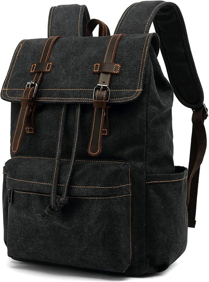 HuaChen Vintage Canvas Backpack, Mens Travel Rucksack for Laptop Hiking bag (M83_Black)