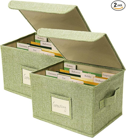 Vienrose Greeting Card Organizer Storage Box with 20 Removable Dividers, 84 Self-stick Labels, Perfect for Photos, Envelopes, Scrapbooking, Paper, Stickers Holder 2 Pack Grass Green