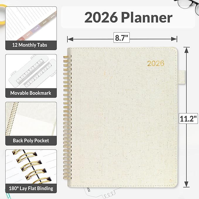 SUNEE 2026 Weekly & Monthly Planner 9"x11.2"- 12 Month (January 2026 - December 2026), Linen Cover, Pocket, Bookmark, Notes, Monthly Tab, Beige