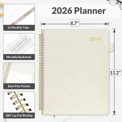 SUNEE 2026 Weekly & Monthly Planner 9"x11.2"- 12 Month (January 2026 - December 2026), Linen Cover, Pocket, Bookmark, Notes, Monthly Tab, Beige