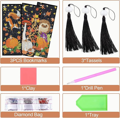 Anseal 3 Pcs 5D Thanksgiving Diamond Bookmarks Painting for Book Lovers, PU Leather Diamond Dotz Art Bookmark for Adults, Tassel Beaded Book Mark for Graduation Birthday Thanksgiving Reading Present
