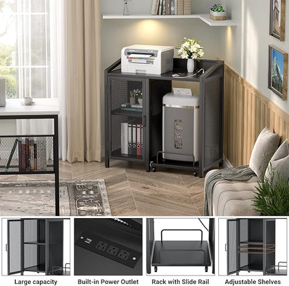 Unikito File Cabinet with Paper Shredder Stand On Wheel, Modern Vertical Filing Cabinet with Socket and USB Charging Port, Large Printer Stand with Adjustable Storage Shelf Rack for Home Office, Black