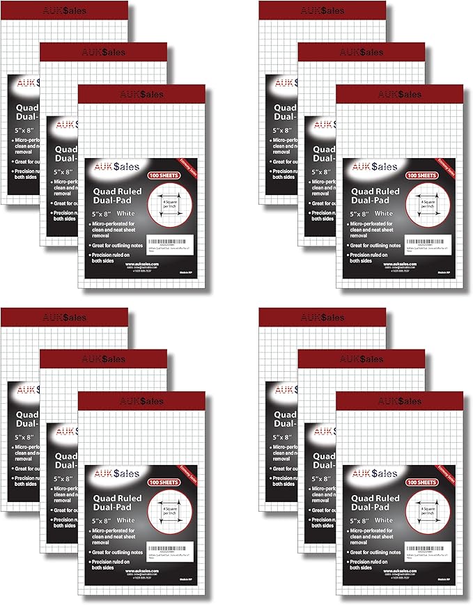 Grid Paper Pad 5x8 Inches – Graph Paper Pad 4x4, Grid Notepad, 12 Pack, 5x8 Graph Paper 1/4 Grid, Graphing Paper, Engineering Pad – 100 Sheets 200 Pages Perforated Pad for School, Home, & Office