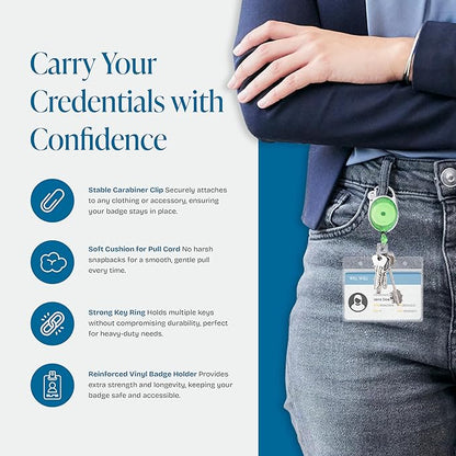 Will Well ID Badge Holders with Clip and Keyring - Horizontal Clear Plastic 3.7" x 2.5" Sleeves Fit Up to 3 Cards - Retractable 24" UHMWPE Fiber Pull Cords - 2-Pack, Transparent Green Reels