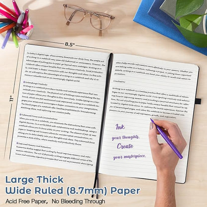 Lined Journal Notebook, 8.5" x 11" Hardcover Leather Notebook for Work, Wide Ruled Notebook Journal for Women Men, 192 Thick Paper, Lay Flat, 2 Pockets, A4 Large Journals for Writing, Blue Notebook