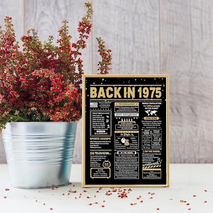 50th Birthday Card, 50th Birthday Gifts for Women Men, 50th Birthday Decorations for Him Her, Back in 1975 Birthday Card, Black Gold