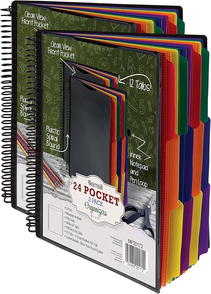 Samsill 2 Pack Deluxe 24 Pocket Spiral Project Organizer with Refillable Notepad, Customizable Front Cover, 12 Dividers with Erasable Write-On Tabs in Assorted Colors, Plastic Folders with Pockets