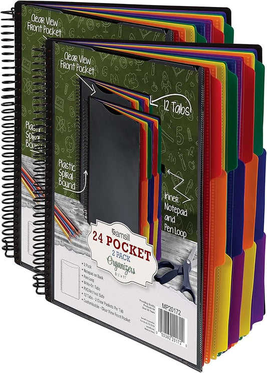 Samsill 2 Pack Deluxe 24 Pocket Spiral Project Organizer with Refillable Notepad, Customizable Front Cover, 12 Dividers with Erasable Write-On Tabs in Assorted Colors, Plastic Folders with Pockets