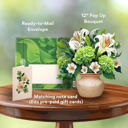 Freshcut Paper Pop Up Cards, Ivory & Sage, 12 Inch Life Sized Forever Flower Bouquet 3D Popup Greeting Card, Birthday Cards, Get Well Gifts, Blank Notecard & Envelope