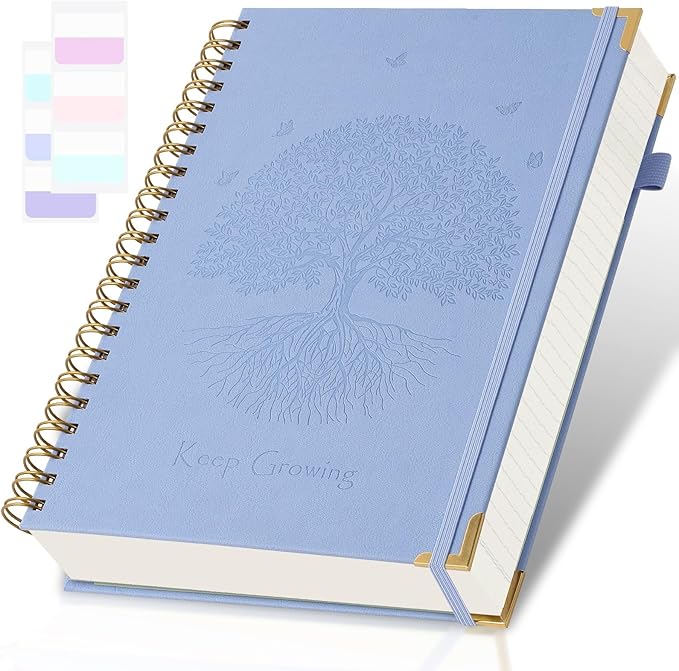 Spiral Notebook, College Ruled Notebook, 8.5" x 11", 300 Pages Leather Journals for Writing, A4 Hardcover Journaling Notebooks for Work School, 24pcs Tabs, Large Embossed Journal for Women Men, Blue