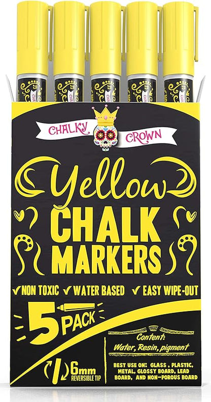 CHALKY CROWN Liquid Chalk Marker Pen - Dry Erase Marker - Chalk Markers for Chalkboard Signs, Windows, Blackboard, Glass - 6mm Reversible Tip (Yellow, 5 Pack)