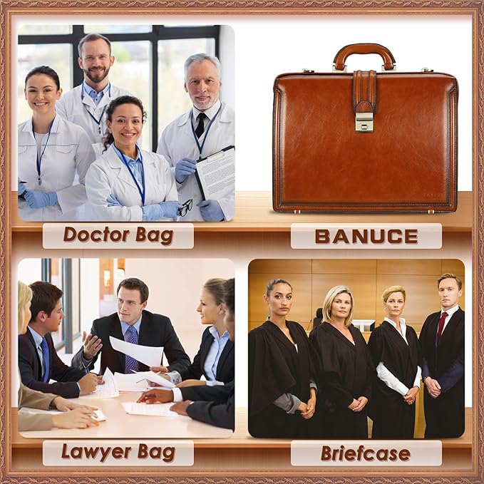 Banuce Vintage Full Grain Italian Leather Lawyer Briefcase for Men Doctor Bag 15.6 Inch Laptop Work Business Bag Attache Case with Lock