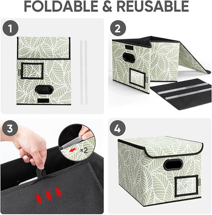 BALEINE File Organizer Box with Lid, Collapsible File Folder Organizer with Plastic Slide, Hanging File Folder Box for Office Document Storage (2 Pack, Antique Foliage)