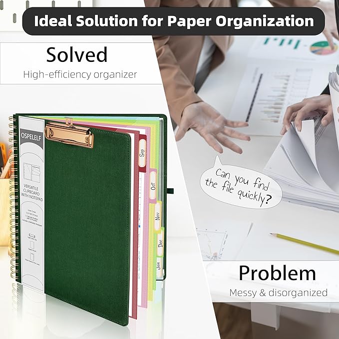 Ospelelf Foldable Spiral Clipboard Folio with Storage Zipper Pouch, 5 Plastic Folders with 10 Pockets,Refillable Lined Notepad (11" x 8.5"), Hardcover Project Organizer with 39 Stickers (Dark Green)