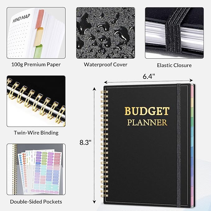 SUNEE Budget Planner - Monthly Budget Book with Expense Tracker Notebook, Undated 12 Month Bill Organizer & Finance Planner to Manage Your Money, A5(6.4" x 8.3") Account Book with Colorful Tab, Black
