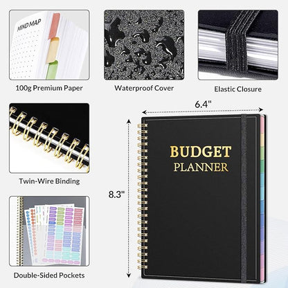 SUNEE Budget Planner - Monthly Budget Book with Expense Tracker Notebook, Undated 12 Month Bill Organizer & Finance Planner to Manage Your Money, A5(6.4" x 8.3") Account Book with Colorful Tab, Black