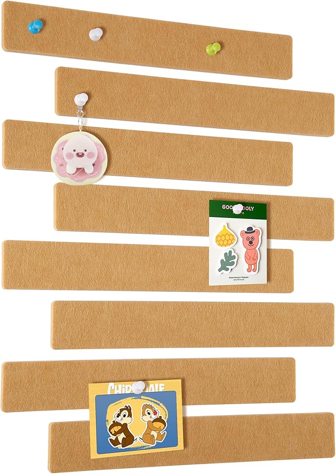 Cork Board for Walls - 8 Pack Felt Pin Board Bar Strips - Self-Adhesive Lightweight Bulletin Board - Cork Board for Office with 40 Push Pins No Damage for Wall