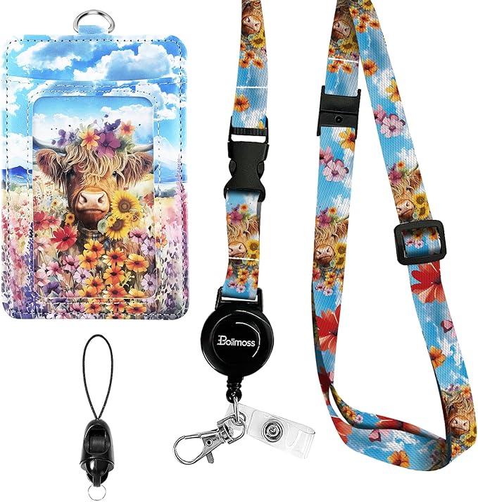 bolimoss Highland Cow Badge Holder and Adjustable Retractable Lanyards, Cute Lanyard for ID Badge Card, Breakaway Neck Lanyards with Badge Reels Quick-Release Buckles with Leather Card Badge Holders