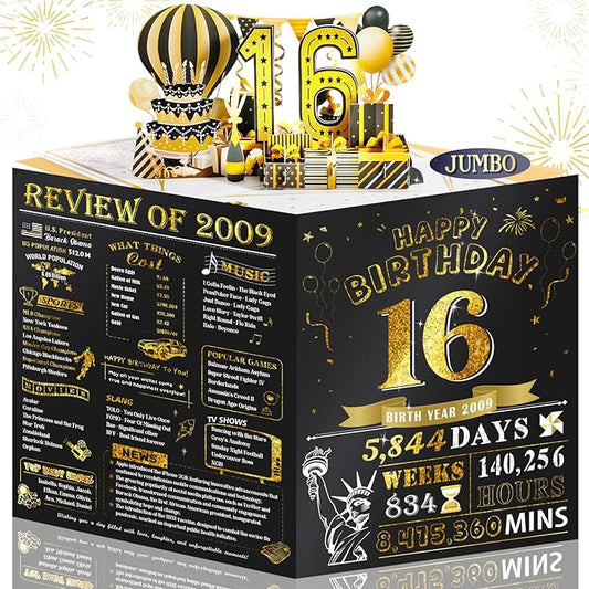 16th Birthday Card for Girl Boy, Jumbo Pop Up Sweet 16th Birthday Cards for Son Daughter, Happy 16th Birthday Decorations for 16 Year Old Girls Boys Funny Birthday Gifts, Review of 2009, Black Gold