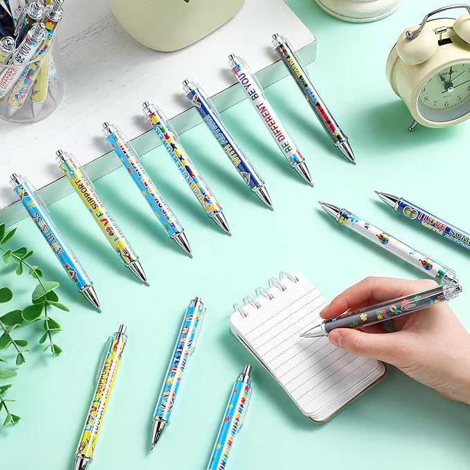 48 Pcs Autism Awareness Pens Mental Health Awareness Ballpoint Pens Bulk Colorful Puzzle Pieces Pens Motivational Gifts for Classroom Office Stationery Favors Supplies